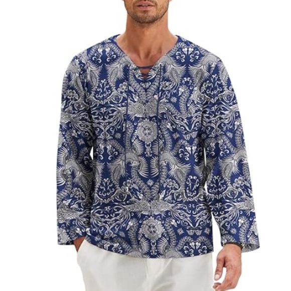 Mens Linen Beach T Shirt Cotton V Neck Yoga Long Sleeve Tunic Blue - Picture 6 of 6